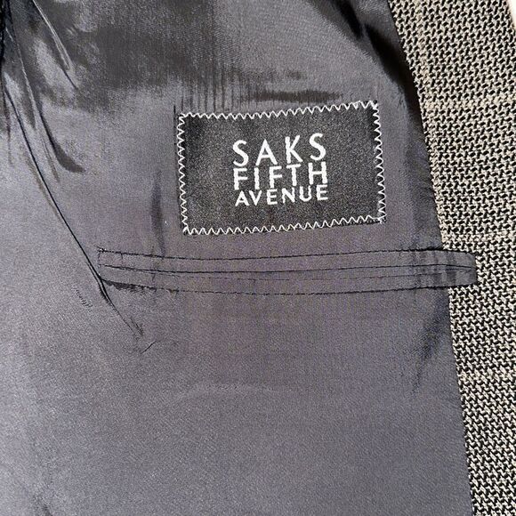 MANI SAKS 44L Brown Plaid Mini Houndstooth Pure Virgin Wool Blazer Jacket - Picture 11 of 15